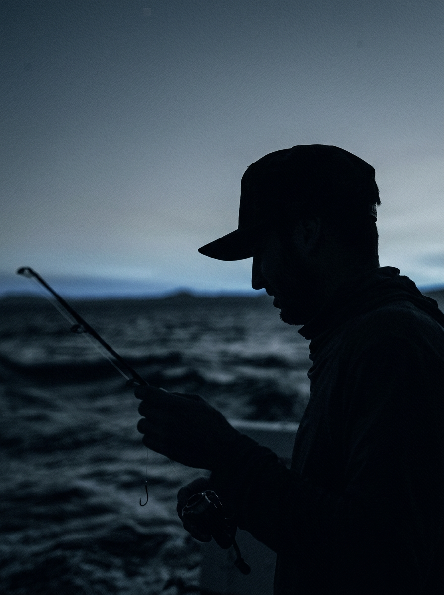 A fisherman silhouetted against predawn Pacific water