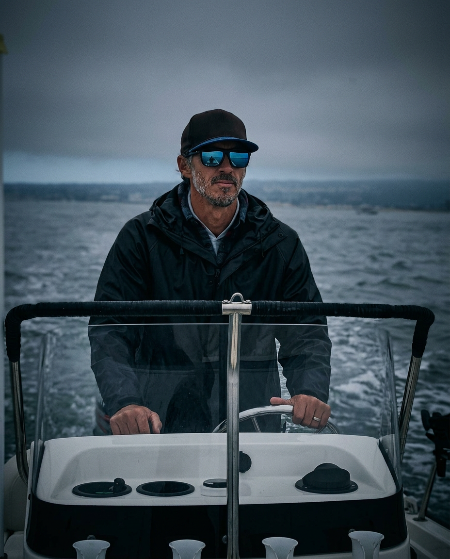 A fisherman at the helm running his boat through grey water under an overcast sky