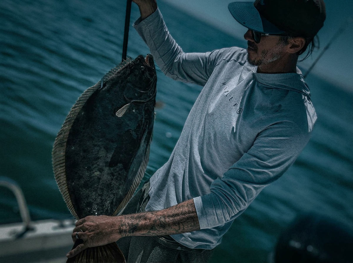 A fisherman holding a large halibut aboard his boat on open water