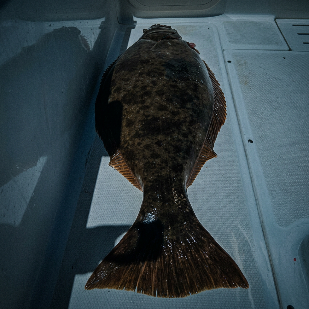 A fresh halibut on the deck, shot in cool low light